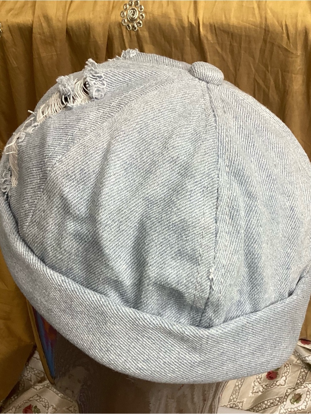 Light Blue Distressed Denim Cuffed Beanie - Picture 4 of 11